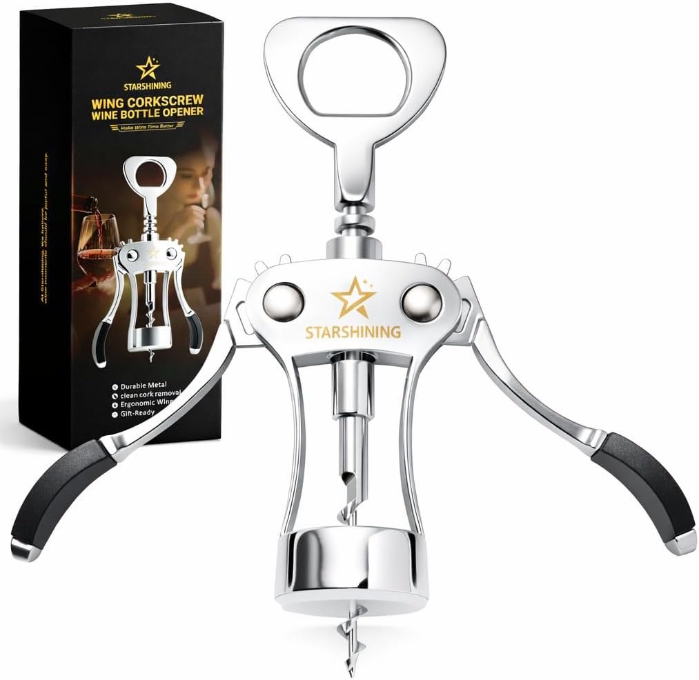 Heavy Duty Wing Corkscrew Wine Opener Polished Silver | Premium Zinc Alloy Manual Bottle Opener with Ergo Handles, Reliable Sommelier Cork Remover for Wine Bottles