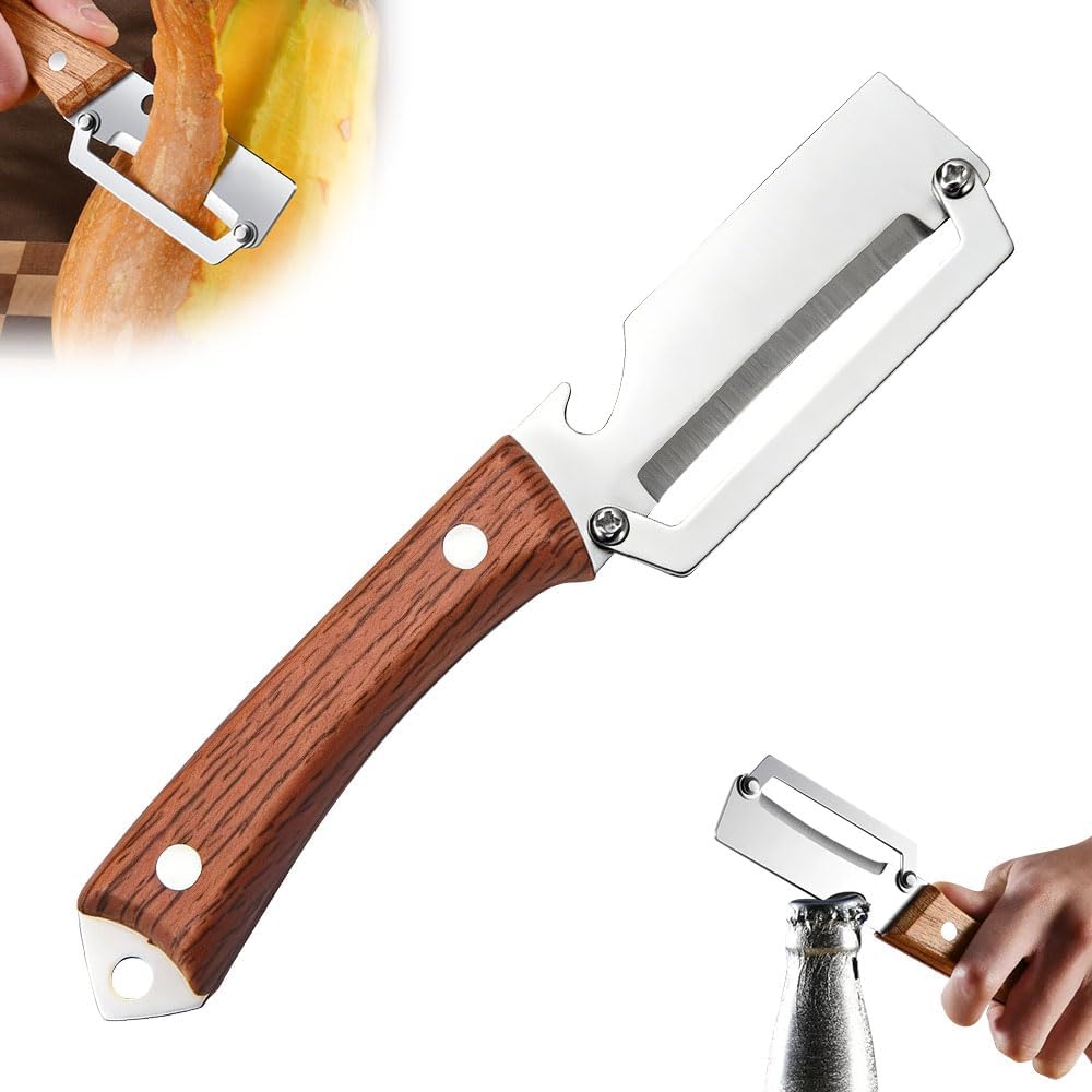 Multi-Functional Vegetable Peeler for Kitchen, 2026 New Vegetable Peeler with Wooden Handle and Bottle Opener, 2 in 1 Stainless Steel Kitchen Tool for Fruit Apple Potato Pumpkin Slicer (brown, 1PCS)