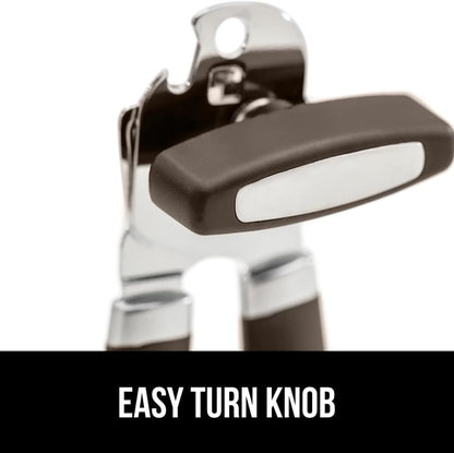 GORILLA GRIP Heavy Duty Stainless Steel Smooth Edge Manual Can Opener and Bottle Openers, US Designed, Soft Comfortable Handle, Oversized Handheld Turn Knob, Multifunctional Kitchen Tool, Black