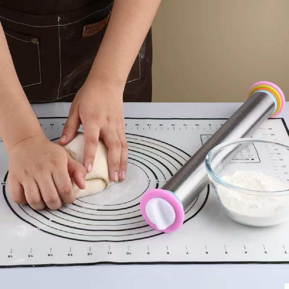 Rolling Pin and Baking Pastry Mat Set,Stainless Steel Dough Roller,Rolling Pins with Adjustable Thickness Rings,for Baking Fondant,Pizza,Pie,Pastry,Pasta,Dough