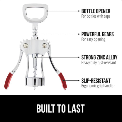 GORILLA GRIP BPA-Free Premium Wine Opener, Easy to Use Smooth Zinc Alloy Wing Corkscrew, Multifunctional Bottle Openers Remove Corks, Caps, Sharp Cork Screw, Dishwasher Safe, Bar Essentials, Black