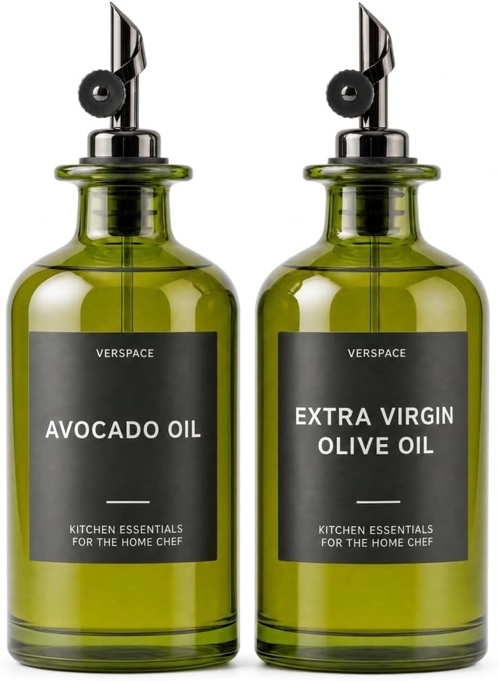 Verspace UV-Protected Green Glass Olive Oil Dispenser Bottles For Kitchen - 2 Pack - 12oz Includes 40 Kitchen Essential Labels, Avocado Oil Dispenser Set, Modern Decor for Home, Airbnb, Cafe