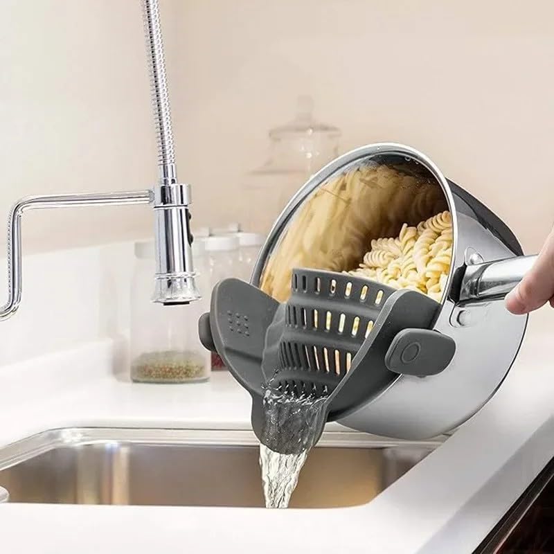 Silicone Clip On Strainer for Pots and Pans - Heat Resistant, Food, Noodle, Meat, Fruits, Vegetables and Pasta Strainer - Versatile Kitchen Gadget (Gray)