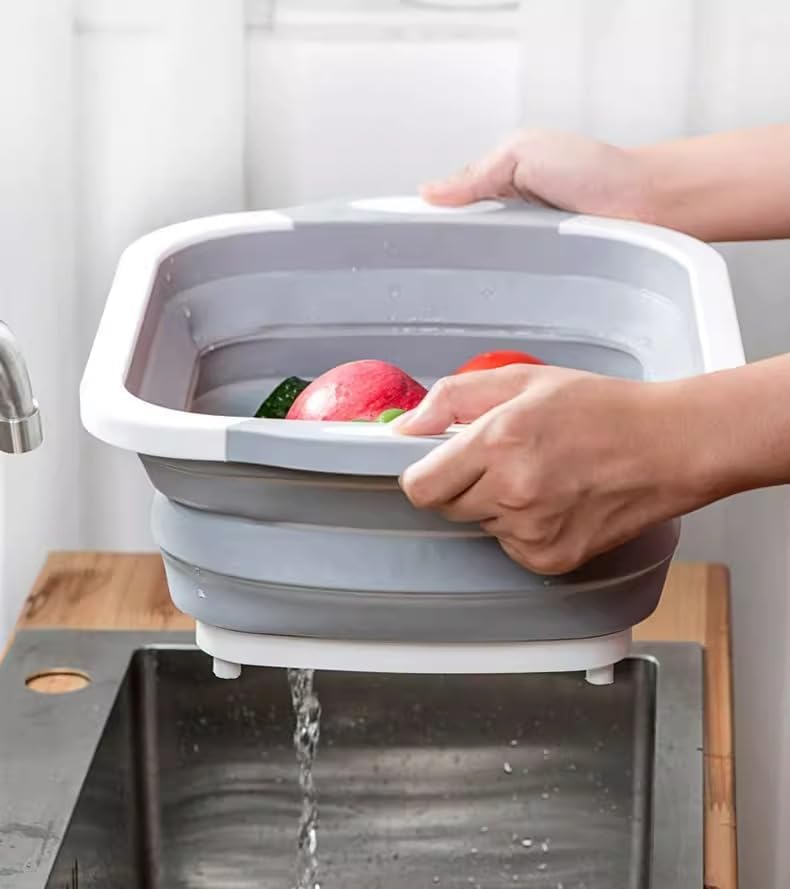 Collapsible Cutting Board & Wash Basin – 3-in-1 Foldable Kitchen Sink with Drain Plug – Portable Dish Tub for Kitchen & Camping