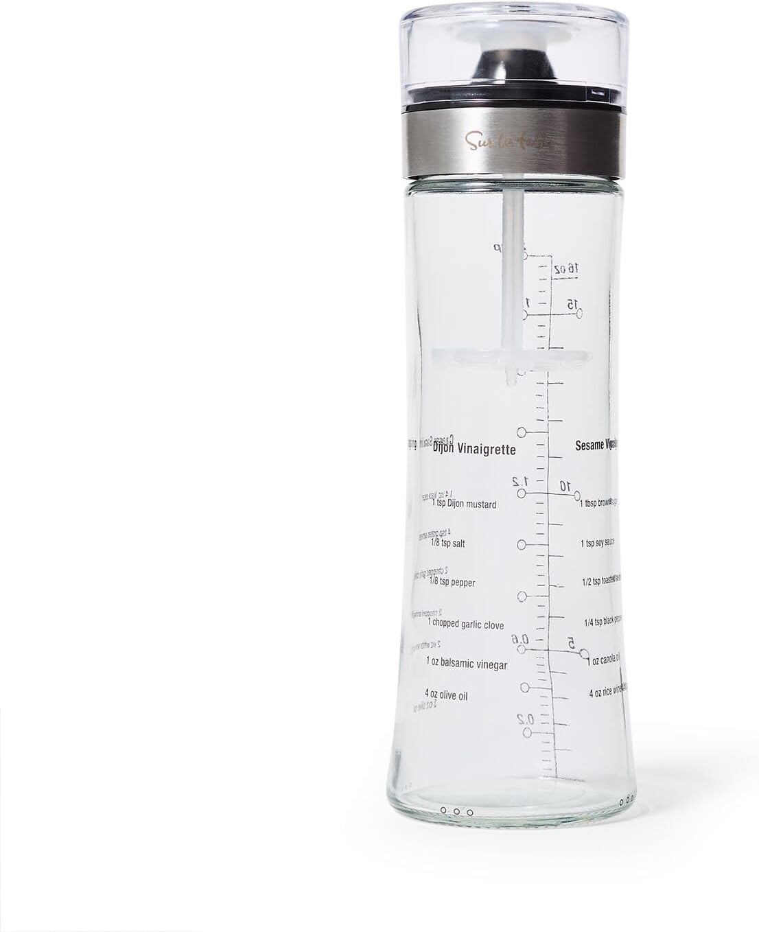 Sur La Table Salad Dressing Shaker – 18 oz Glass Bottle with Emulsifying Wand, Measurement Markings & Built-In Recipes – Mix Vinaigrettes & Caesar Dressings Easily