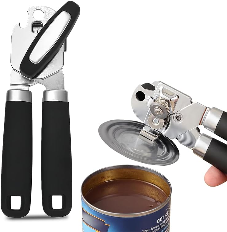 Can Opener Manual, Handheld Strong Stainless Steel Can Opener, Comfortable Handle, Sharp Blade Smooth Edge, Can Openers with Multifunctional Bottle Opener, Black