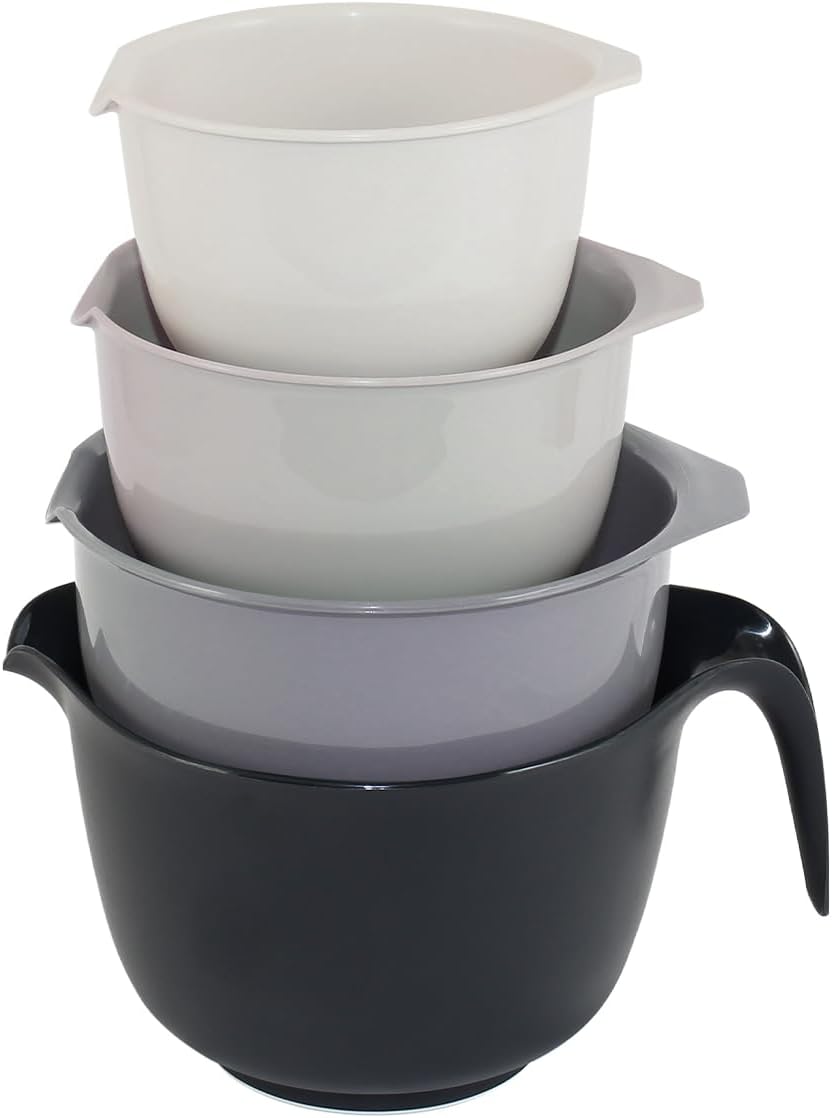 Glad Mixing Bowls with Pour Spout, Set of 4 - Nesting Plastic Bowls (1.2qt, 1.9qt, 2.8qt, and 3qt with Handle) - Non Slip Base, Dishwasher Safe Kitchen Cooking and Baking Supplies, Grey