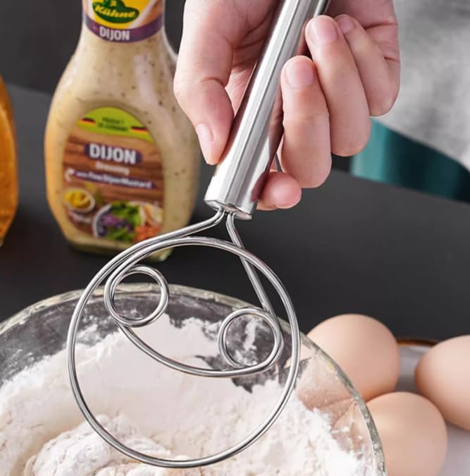 2 Pack Stainless Steel Dough Whisks for Baking, Hand Mixer for Bread, Pizza, Pastry - Ergonomic Design for Easy Kneading & Blending