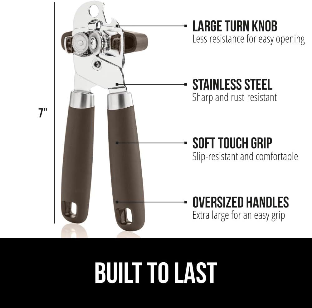 GORILLA GRIP Heavy Duty Stainless Steel Smooth Edge Manual Can Opener and Bottle Openers, US Designed, Soft Comfortable Handle, Oversized Handheld Turn Knob, Multifunctional Kitchen Tool, Black
