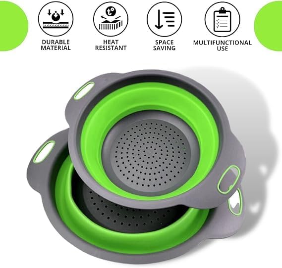 White Round Silicone Collapsible Colander – Silicone Round Kitchen Strainers with Plastic Handles Small Foldable Kitchen Strainer Perfect for Draining Pasta Vegetable and Fruit