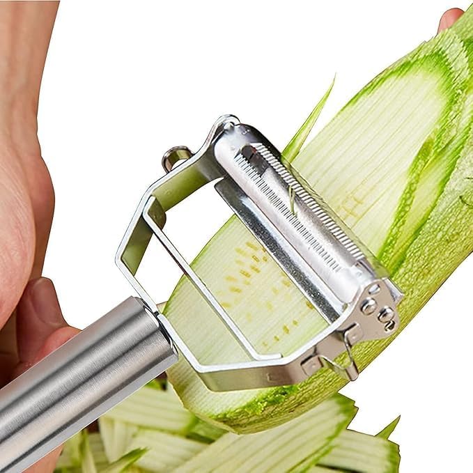 2 in 1 Stainless Steel Julienne Vegetable Peeler Multi-Functional Fruit & Veggie Shredder Slicer and Grater for Potatoes, Carrots, Cucumbers (Silver) Pack of 1