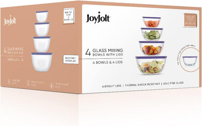 JoyJolt Kitchen Mixing Bowls - 8pc Glass with Lids Set – Neat Nesting Large Bowl Batter Cooking Storage and Big Salad BPA-Free Red
