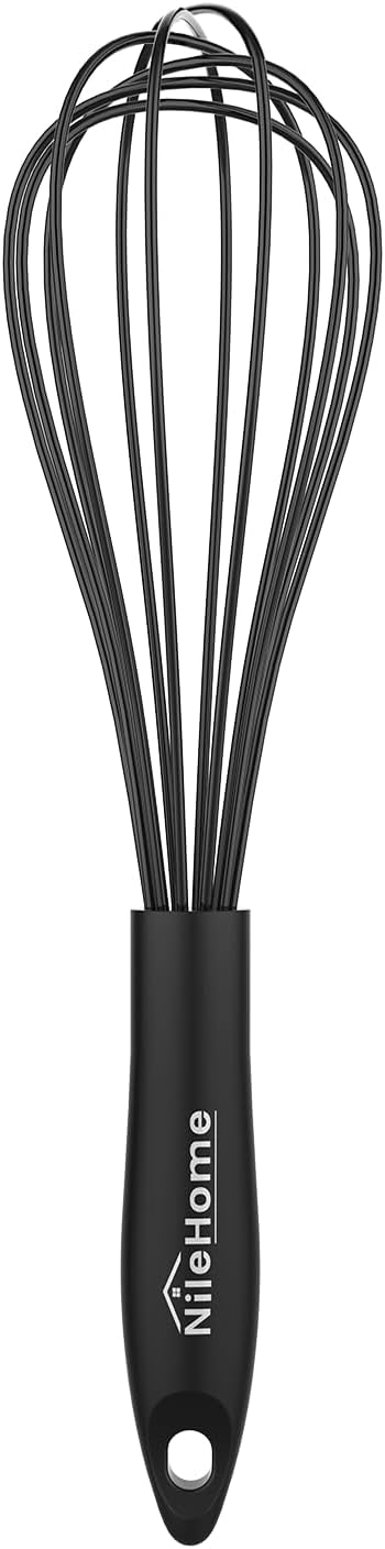 NileHome Silicone Whisk Set 8" 10" 12" Kitchen Whisk Kitchen Wisk Wire Whisks for Cooking, Whisking, Blending, Beating, Stirring-Black 3 Pack