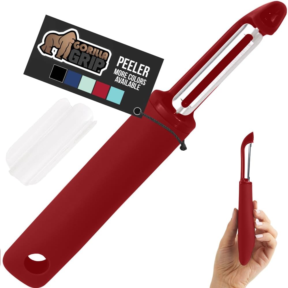 GORILLA GRIP® Patented BPA-Free Vegetable Peeler, Extra Sharp Swivel Stainless Steel Blades with Guard, Comfortable Soft Handle, Easily Peel Carrots or Fruit, Potato Eye Remover, Washer Safe, Black