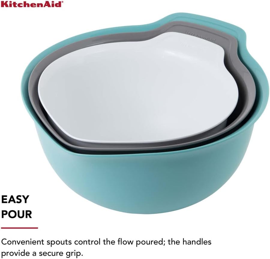 KitchenAid Universal Nesting Plastic Mixing Bowls, Set Of 3, 2.5 quart, 3.5 quart, 4.5 quart, Non Slip Base with Easy Pour Spout to Reduce Mess, Dishwasher Safe, Aqua Sky, White, Gray