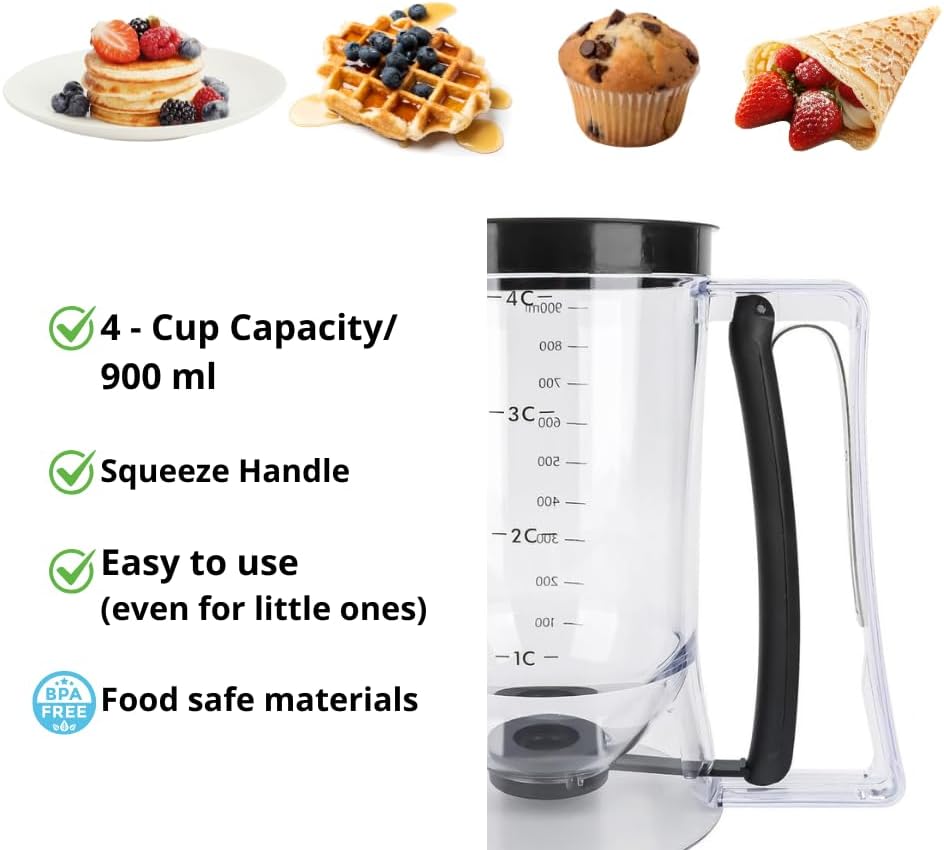 Complete Pancake & Cupcake Batter Dispenser Set - 4 Cup Capacity with Silicone Spatula, Basting Brush & Egg Rings - BPA Free All-In-One Breakfast & Baking Kitchen Tool for Home Cooking