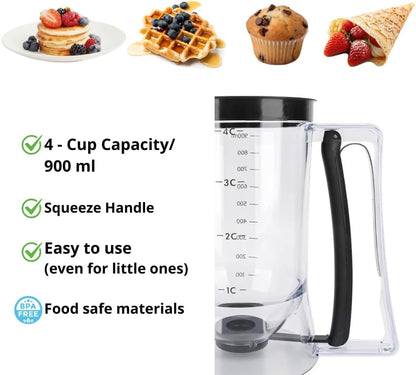 Complete Pancake & Cupcake Batter Dispenser Set - 4 Cup Capacity with Silicone Spatula, Basting Brush & Egg Rings - BPA Free All-In-One Breakfast & Baking Kitchen Tool for Home Cooking