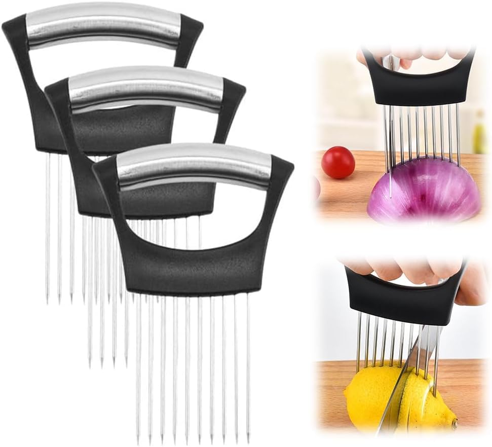 Upgrade Onion Holder for Slicing, Stainless Steel Lemon Slicer Onion Cutter for Slicing, Vegetable Cutter for Potato and Tomato, Avocados, Eggs, Meat, Kitchen Chopper Slicings Tool (Black, 1PC)