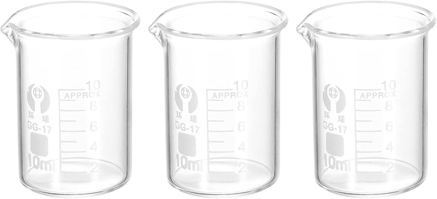 PATIKIL 3Pcs 10ml Low Form Glass Beaker, 3.3 Borosilicate Glass Graduated Printed Scale Measuring Cups with Spout for Kitchen Lab Liquids