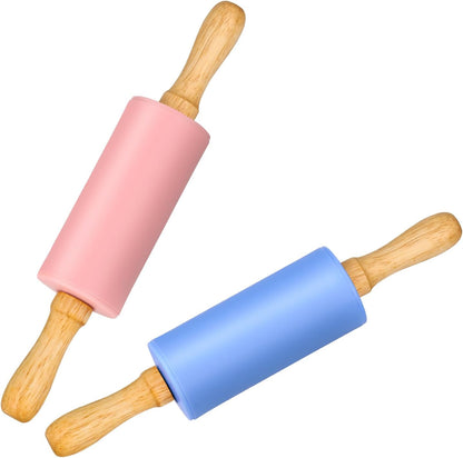 Mini Silicone Rolling Pin for Kids, Non-stick Surface Wood Handle, 9 Inch 1 Pack Blue