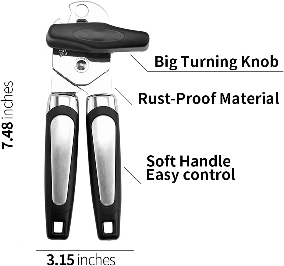 Can Opener Manual,Stainless Steel Smooth Edge Can Opener with Big Effort-Saving Knob, Soft Touch Handle, Built in Bottle Opener,Includes Complimentary Jar Opener