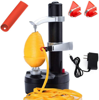 Electric Potato Peeler Automatic Apple Peeler, Smart Vegetable Fruit Peeler Machine, Stainless Steel Kitchen Peeling Tool [1 Adapter 2 Extra Blades] with Apple Slicer Corer (Black-R)