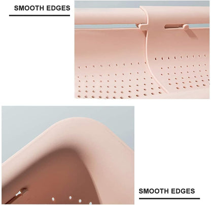 Collapsible Sink Colanders and Strainers Basket Over the Sink Colander Collapsible Colander Extendable Plastic Fruit Vegetable Strainer Drainer Basket for Kitchen(Length 14.3 inch-19.4 inch) (Pink)