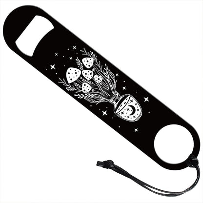 GLOBLELAND 7inch Lunar Phase and Mushrooms Art Stainless Steel Bottle Opener with PU Cord Bar Key for Bartender Beer Bottle Opener Flat Bar Bartender Openers Gift for Home Kitchen Bar Party