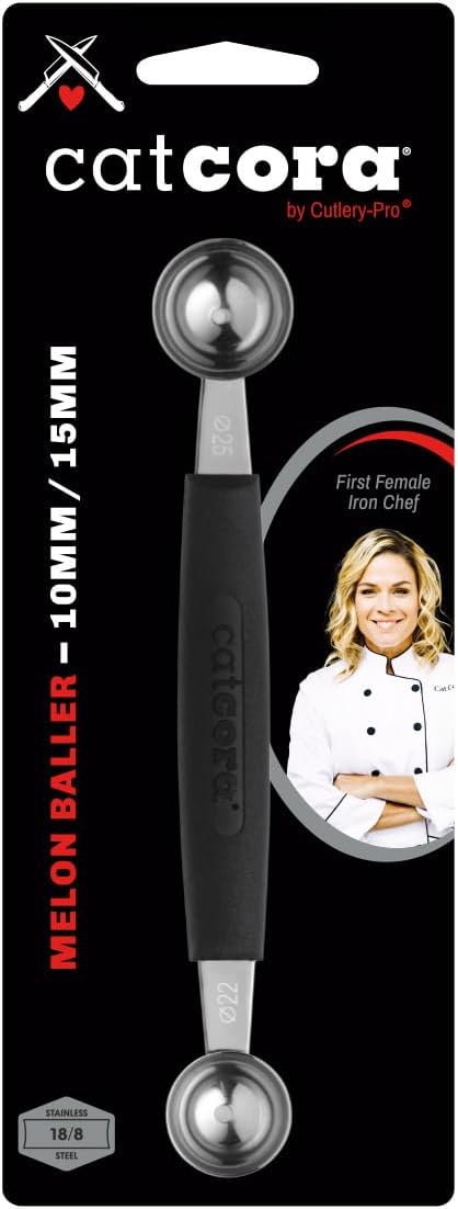 Cat Cora Melon Baller, Professional 18/8 Stainless Steel Dual Blades 10/15-Millimeter for Melon Balls and Garnishes, Ergonomic Soft-Grip Handle