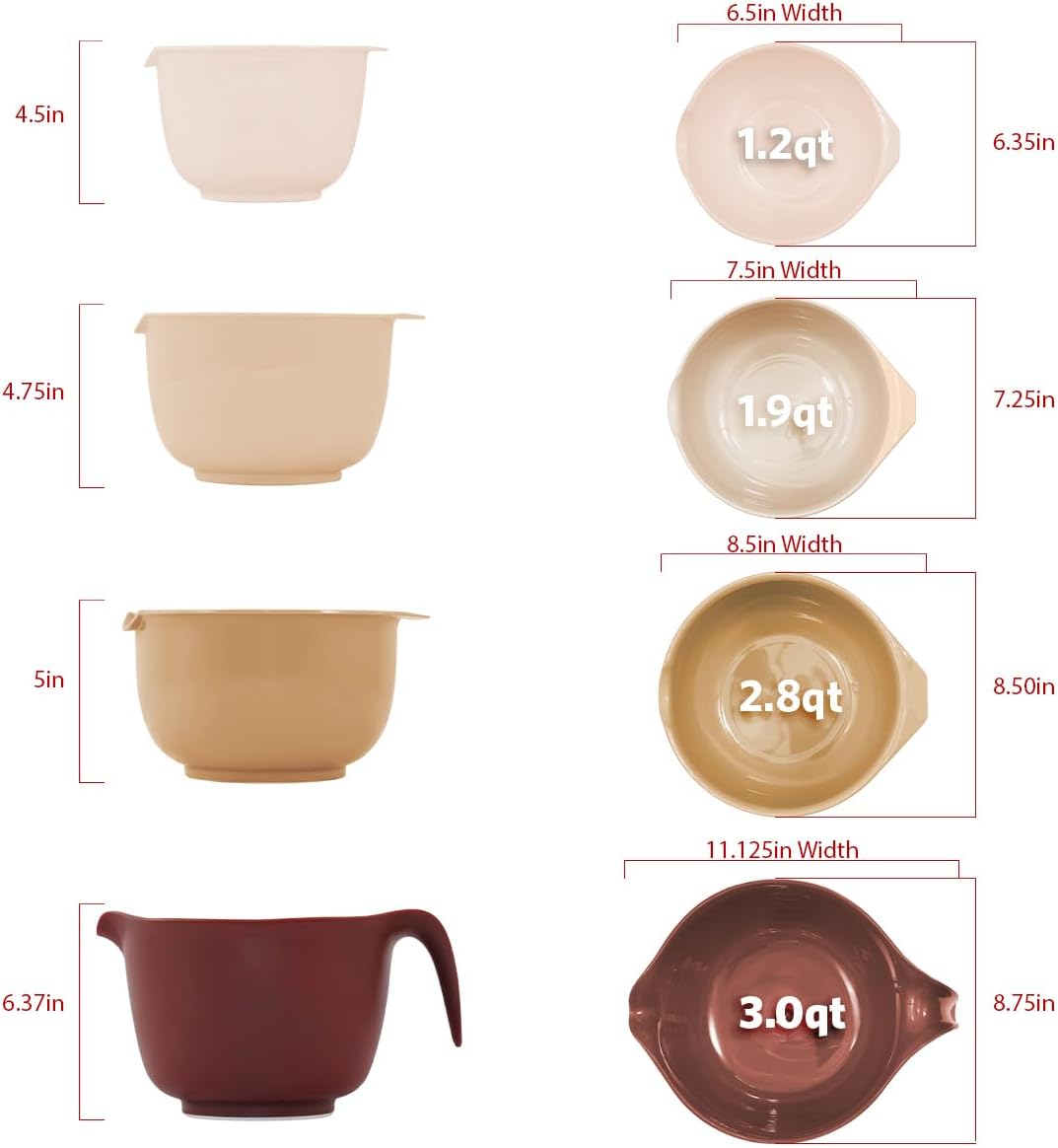 Glad Mixing Bowls with Pour Spout, Set of 4 - Nesting Plastic Bowls (1.2qt, 1.9qt, 2.8qt, and 3qt with Handle) - Non Slip Base, Dishwasher Safe Kitchen Cooking and Baking Supplies, Grey
