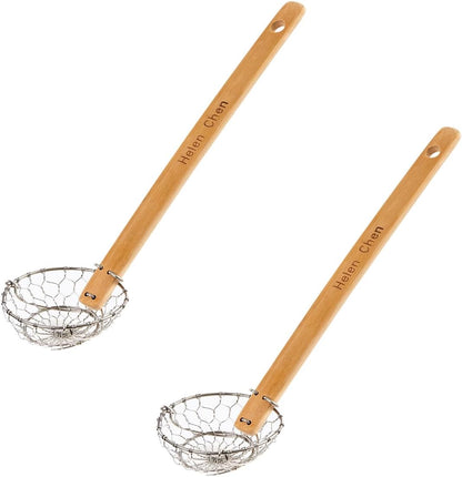Helen's Asian Kitchen Spider Strainer, 5-Inch Stainless Steel Mesh Basket With Bamboo Handle, For Noodles, Dumplings, Wontons, Deep Frying, And Draining Tasks