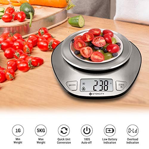 Etekcity 11lb/5kg Stainless Steel Digital Kitchen Food Scales, with Liquid Volume Measurement Function, Auto Zero/Tare and Large Backlight LCD Display, Silver