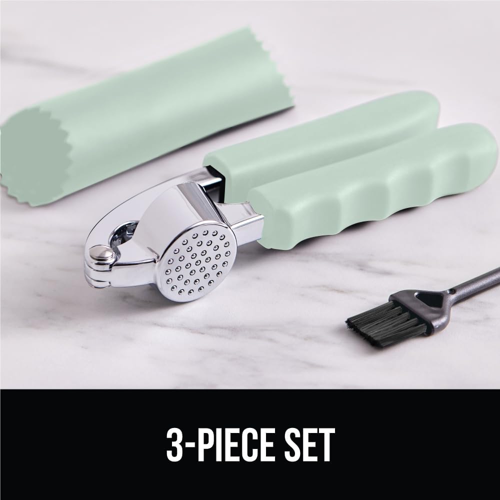 GORILLA GRIP Garlic Press and Peel Set, Heavy Duty Mincer Tool, Large Ergonomic Handle, Easily Mince and Crush Garlics, Ginger, Nuts, Seeds, Peeler Included, Peeling Cloves, Kitchen Gadgets, Red