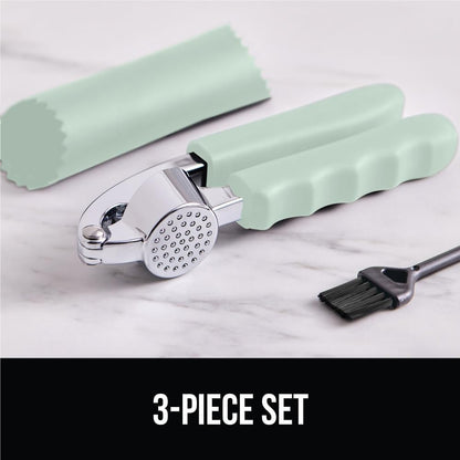 GORILLA GRIP Garlic Press and Peel Set, Heavy Duty Mincer Tool, Large Ergonomic Handle, Easily Mince and Crush Garlics, Ginger, Nuts, Seeds, Peeler Included, Peeling Cloves, Kitchen Gadgets, Red