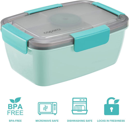 Caperci Large Salad Container Bowl for Lunch - Better Adult Bento Lunch Box 68 oz, 5-Compartment Tray, 2pcs 3-oz Sauce Cups, Stackable, BPA-Free (Navy)