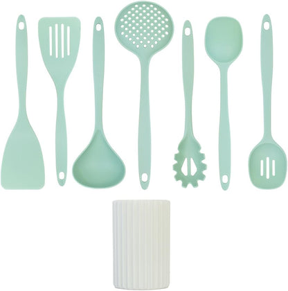 Glad Kitchen Utensils Set, 8pcs - Nonstick Cooking Tools with Utensil Holder - Nylon Spoon, Ladle, Skimmer, Spaghetti Server, and Turner Spatula Set - Dishwasher Safe, Teal Green
