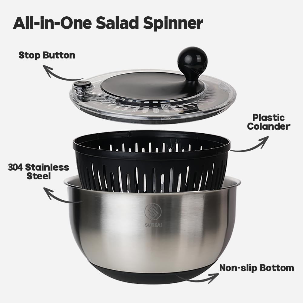 5L Salad Spinner Best Rated – Lettuce Spinner with Non-Slip Base & Salad Bowl, One Hand-Drain stop button, Fruit and Vegetable Washer For Fast Meal Prep | Dishwasher Safe Kitchen Set