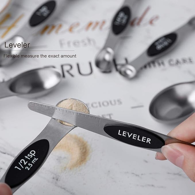 Gold Magnetic Measuring Spoons Set of 8 – Stainless Steel Stackable Dual-Sided Spoons with Leveler, Fits Spice Jars, Baking & Cooking Kitchen Tools