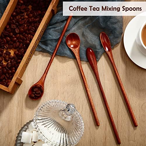 Patelai 10 Pieces Wooden Coffee Spoons Long Handle Mixing Wooden Spoon Handmade Stirring Teaspoon for Kitchen Stirring