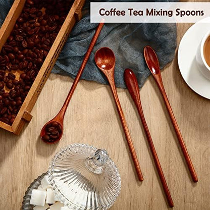 Patelai 10 Pieces Wooden Coffee Spoons Long Handle Mixing Wooden Spoon Handmade Stirring Teaspoon for Kitchen Stirring