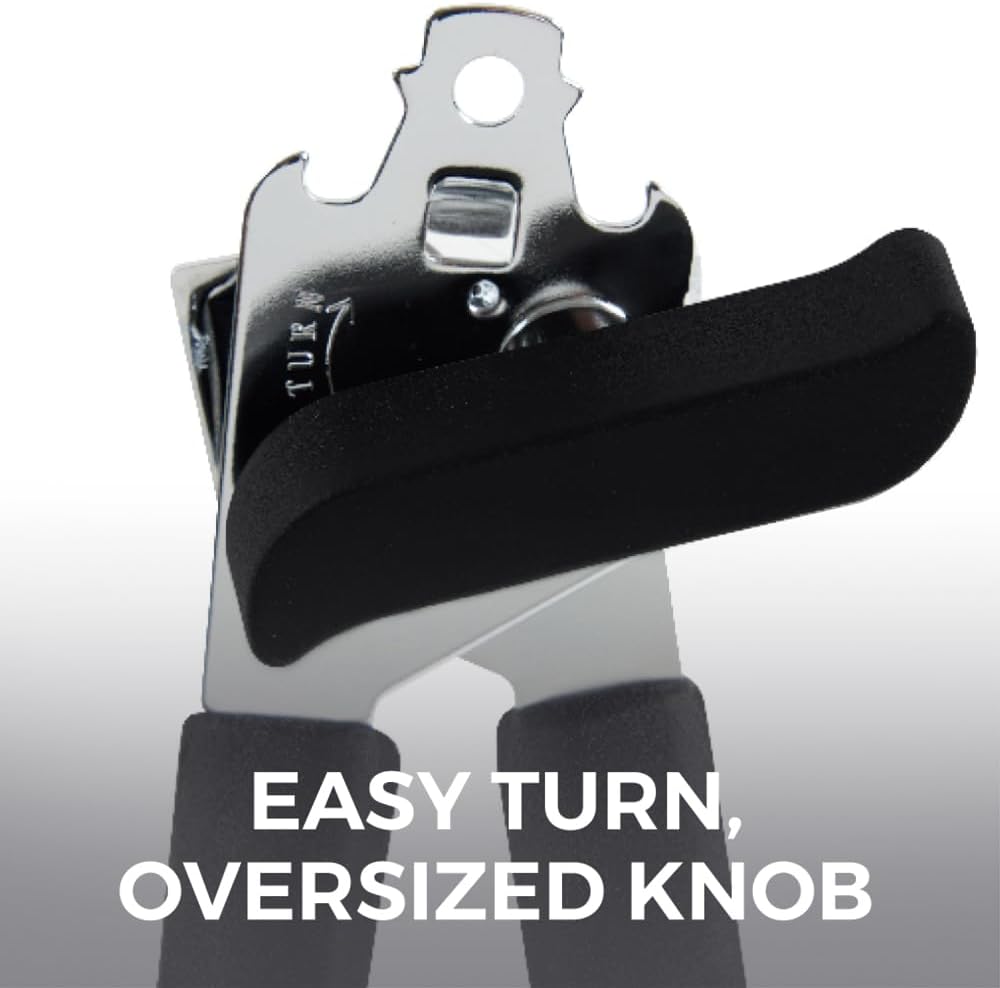Kitchen Genie Slip Resistant Stainless Steel Manual Can Opener, Sharp Blade for Smooth Edge Cuts, Easily Open Cans, Ergonomic Handles with Easy to Turn Knob, Built-In Bottle Openers, Pitch Black