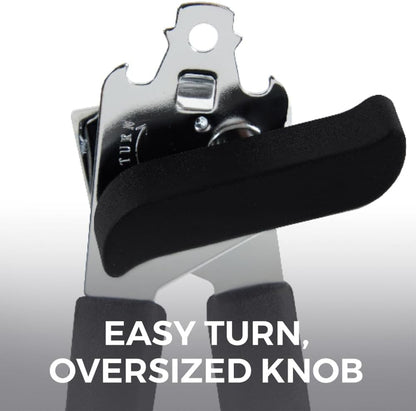 Kitchen Genie Slip Resistant Stainless Steel Manual Can Opener, Sharp Blade for Smooth Edge Cuts, Easily Open Cans, Ergonomic Handles with Easy to Turn Knob, Built-In Bottle Openers, Pitch Black