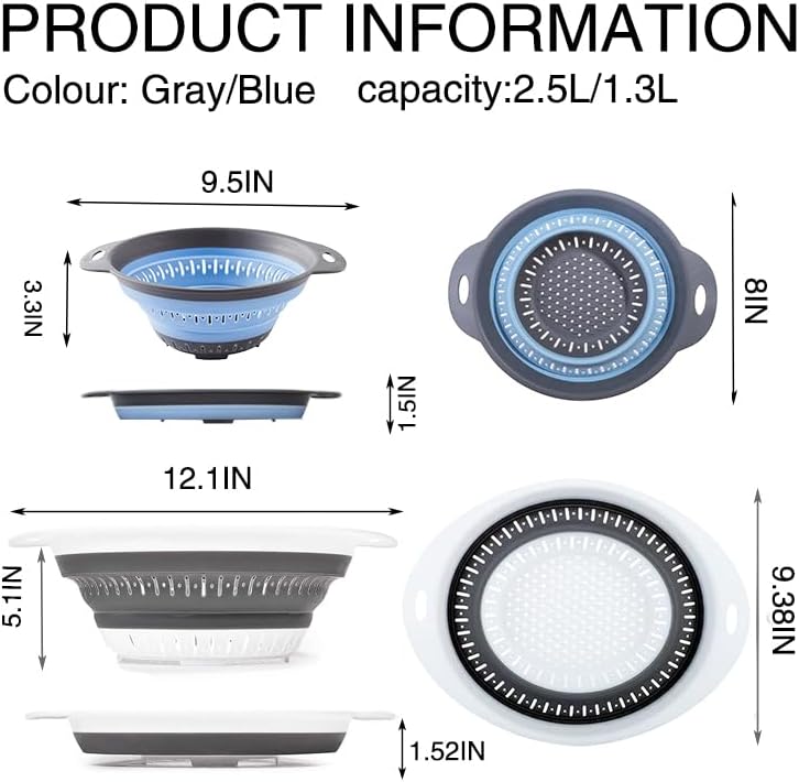 Collapsible Colander Set, Square Round Triangles Silicone Kitchen Strainer Perfect for Draining Pasta Vegetable fruit 2 PCS (10.8"L x 8.6"W x 2"H, Blue & Gray)