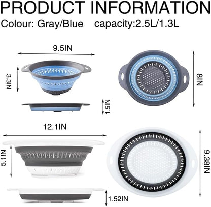Collapsible Colander Set, Square Round Triangles Silicone Kitchen Strainer Perfect for Draining Pasta Vegetable fruit 2 PCS (10.8"L x 8.6"W x 2"H, Blue & Gray)