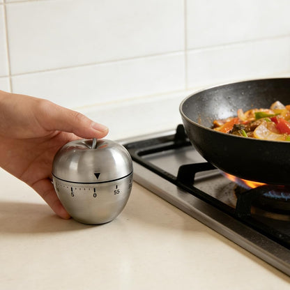 Mechanical Kitchen Timer 60 Minutes, Apple-Shaped Wind Up Timer (No Batteries), Manual Analog Cooking Timer with Loud Ring for Baking, Eggs, and Meal Prep, Silver