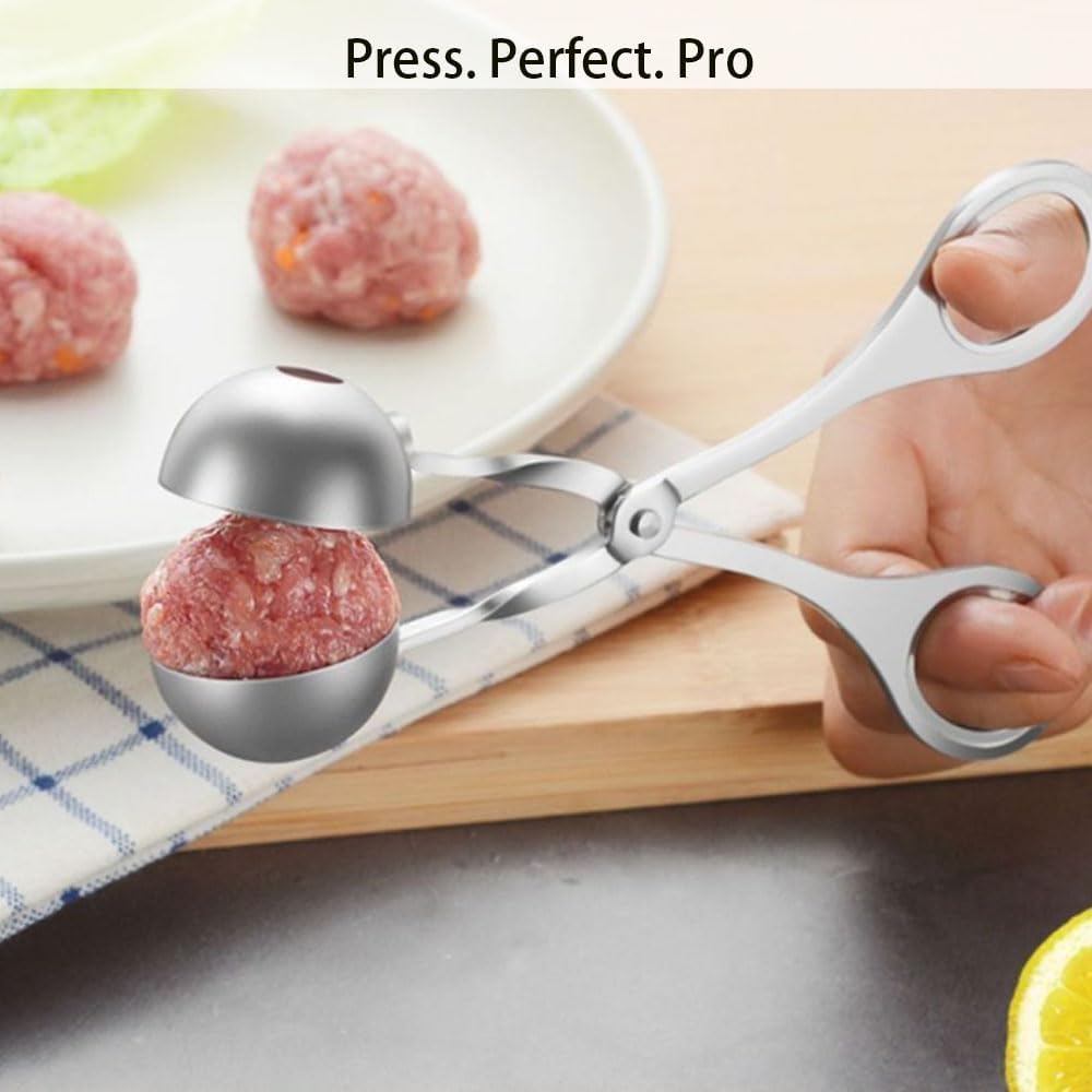Stainless Steel Meatball Maker Tongs, 2-Pack Large and Small Kitchen Tool Set for Ice Cream Scoops, Rice Balls, Melon Balls, Silver Spring-Loaded Design with Ergonomic Handle, Standard Size