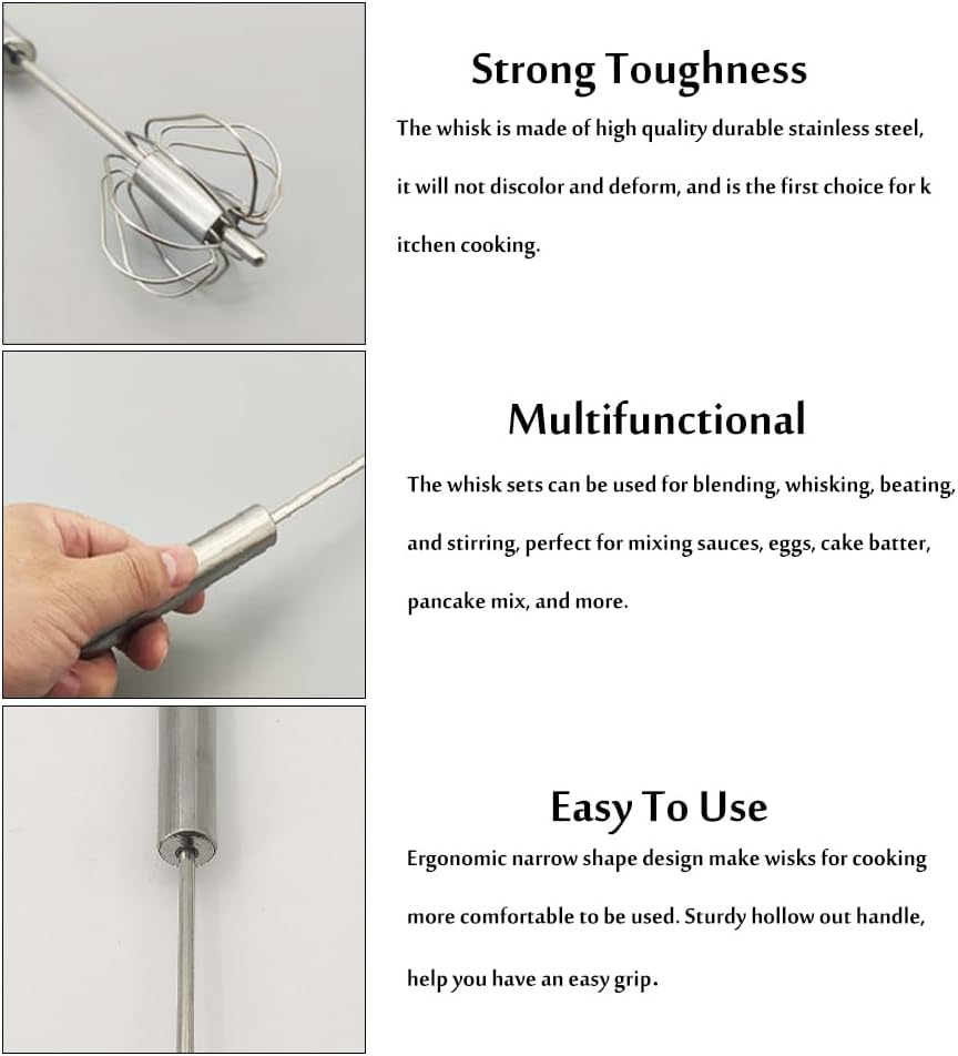 Stainless Steel Semi-Automatic Egg Whisk Set, 2PCS Hand Push Rotary Manual Mixer for Cooking, Whisking, Beating and Stirring (10&12 Inch)