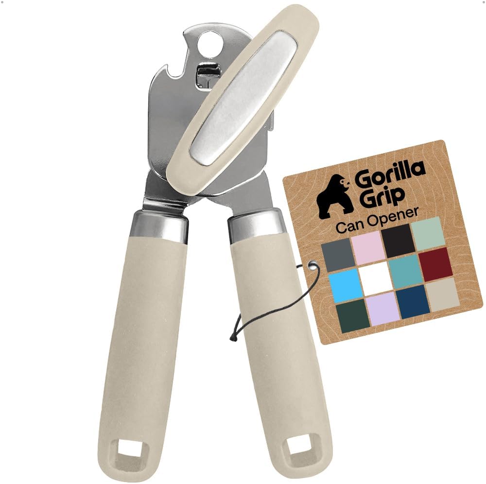 GORILLA GRIP Heavy Duty Stainless Steel Smooth Edge Manual Can Opener and Bottle Openers, US Designed, Soft Comfortable Handle, Oversized Handheld Turn Knob, Multifunctional Kitchen Tool, Black