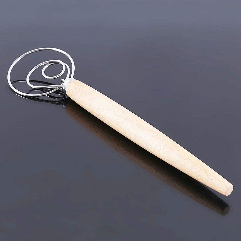 Danish Dough Whisk Bread Making Tools Stainless Steel Danish Dough Hook Bread Dough Mixer Hand Bread Dough Whisk for Pastry, Baking Cake, Dessert, Sourdough, Pizza, with Wooden Handle, 13 inch