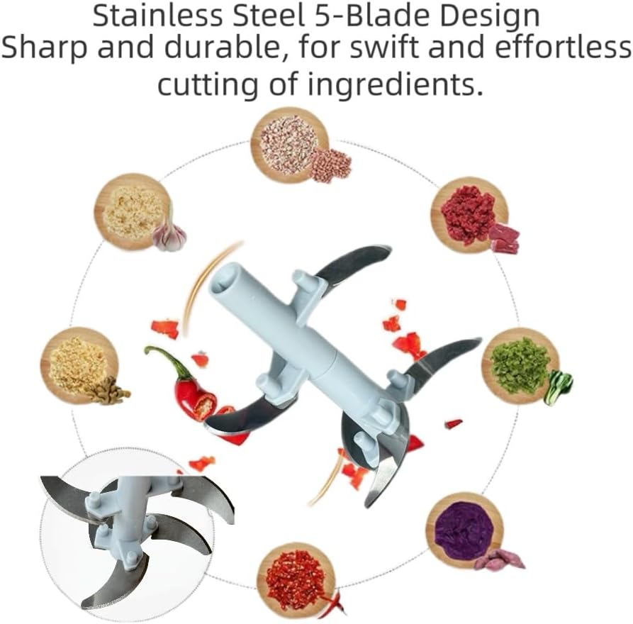 Food Chopper with Container – 900ml/30oz Manual Pull String Kitchen Cutter, 5 Stainless Steel Blades – Garlic, Onion, Vegetable, Meat & Baby Food Processor – BPA-Free Vegetable Fruit Chopper
